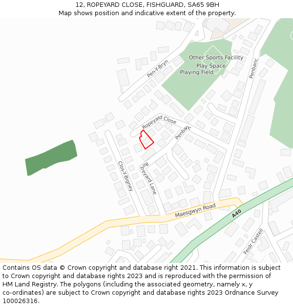 12, ROPEYARD CLOSE, FISHGUARD, SA65 9BH: Location map and indicative extent of plot