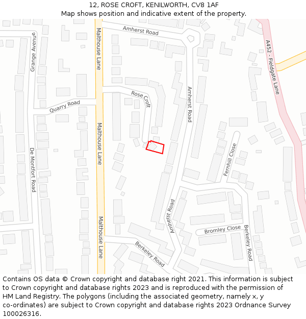 12, ROSE CROFT, KENILWORTH, CV8 1AF: Location map and indicative extent of plot