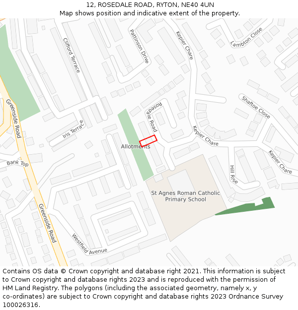 12, ROSEDALE ROAD, RYTON, NE40 4UN: Location map and indicative extent of plot