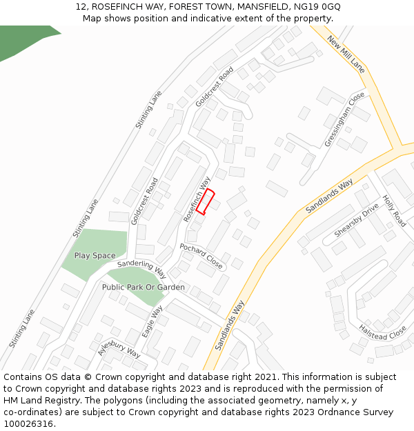 12, ROSEFINCH WAY, FOREST TOWN, MANSFIELD, NG19 0GQ: Location map and indicative extent of plot
