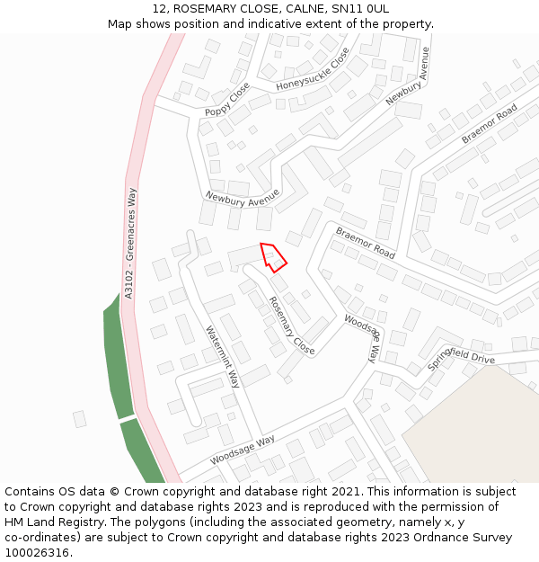 12, ROSEMARY CLOSE, CALNE, SN11 0UL: Location map and indicative extent of plot