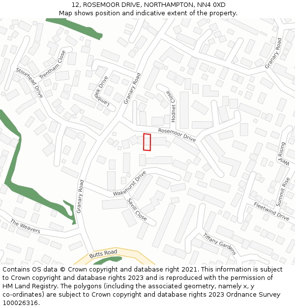 12, ROSEMOOR DRIVE, NORTHAMPTON, NN4 0XD: Location map and indicative extent of plot