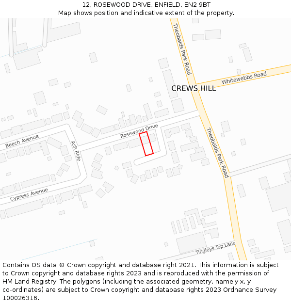 12, ROSEWOOD DRIVE, ENFIELD, EN2 9BT: Location map and indicative extent of plot