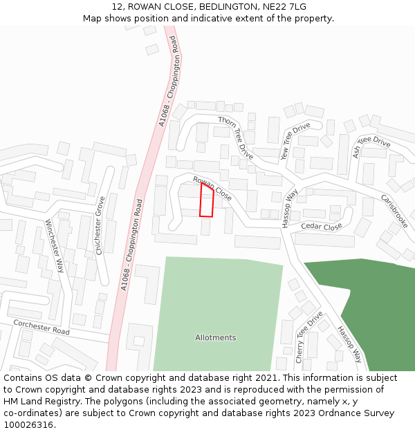 12, ROWAN CLOSE, BEDLINGTON, NE22 7LG: Location map and indicative extent of plot