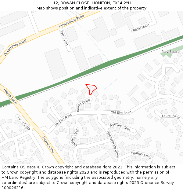 12, ROWAN CLOSE, HONITON, EX14 2YH: Location map and indicative extent of plot