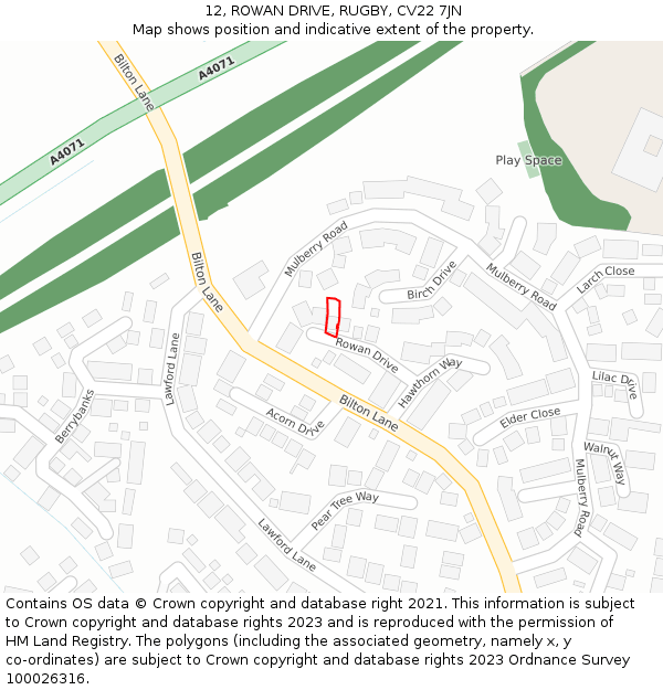 12, ROWAN DRIVE, RUGBY, CV22 7JN: Location map and indicative extent of plot