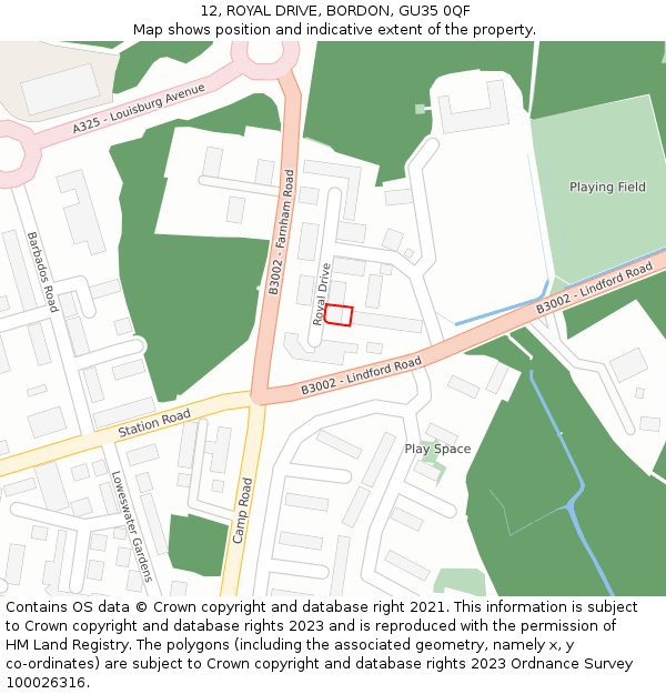 12, ROYAL DRIVE, BORDON, GU35 0QF: Location map and indicative extent of plot