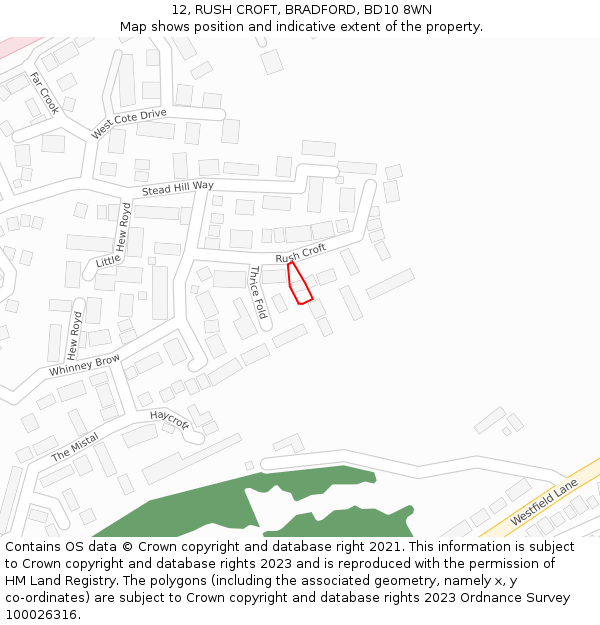 12, RUSH CROFT, BRADFORD, BD10 8WN: Location map and indicative extent of plot