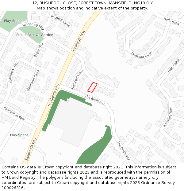 12, RUSHPOOL CLOSE, FOREST TOWN, MANSFIELD, NG19 0LY: Location map and indicative extent of plot