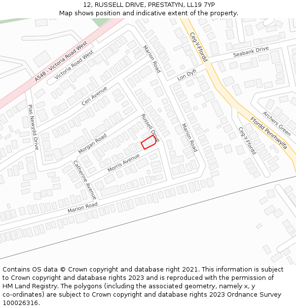 12, RUSSELL DRIVE, PRESTATYN, LL19 7YP: Location map and indicative extent of plot