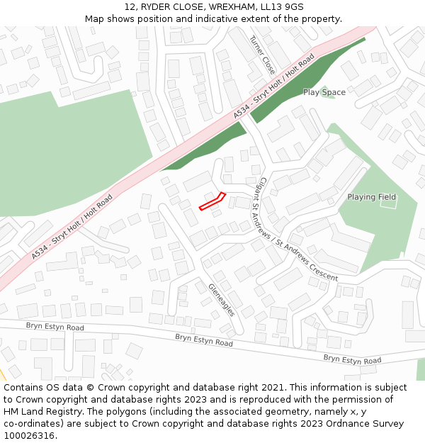 12, RYDER CLOSE, WREXHAM, LL13 9GS: Location map and indicative extent of plot