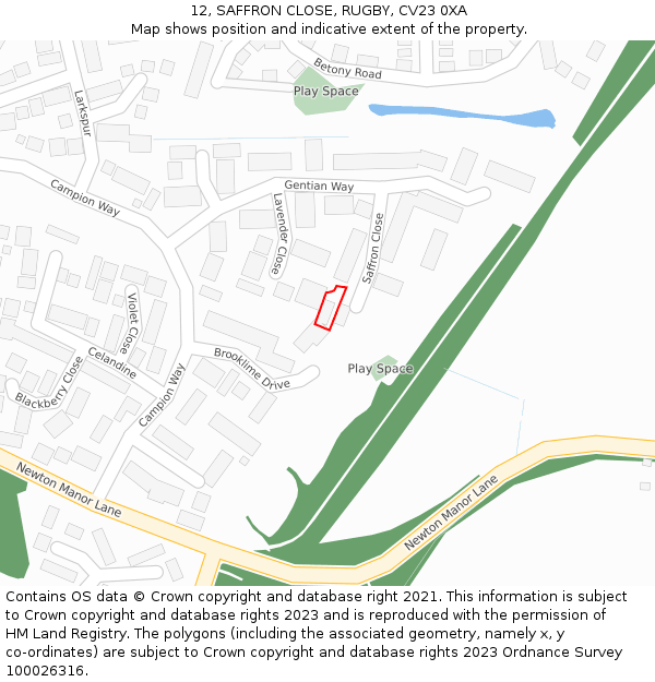 12, SAFFRON CLOSE, RUGBY, CV23 0XA: Location map and indicative extent of plot