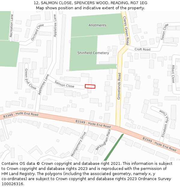 12, SALMON CLOSE, SPENCERS WOOD, READING, RG7 1EG: Location map and indicative extent of plot