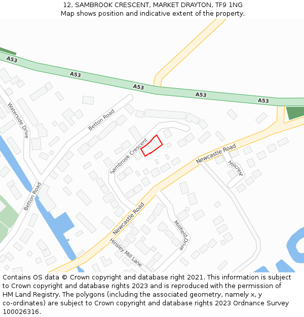 12, SAMBROOK CRESCENT, MARKET DRAYTON, TF9 1NG: Location map and indicative extent of plot