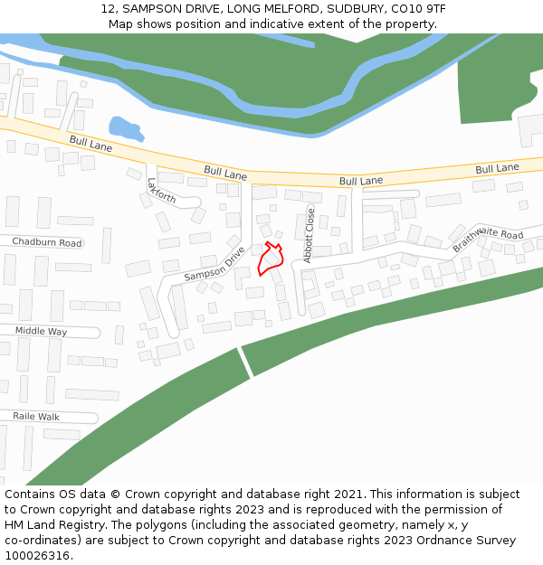 12, SAMPSON DRIVE, LONG MELFORD, SUDBURY, CO10 9TF: Location map and indicative extent of plot