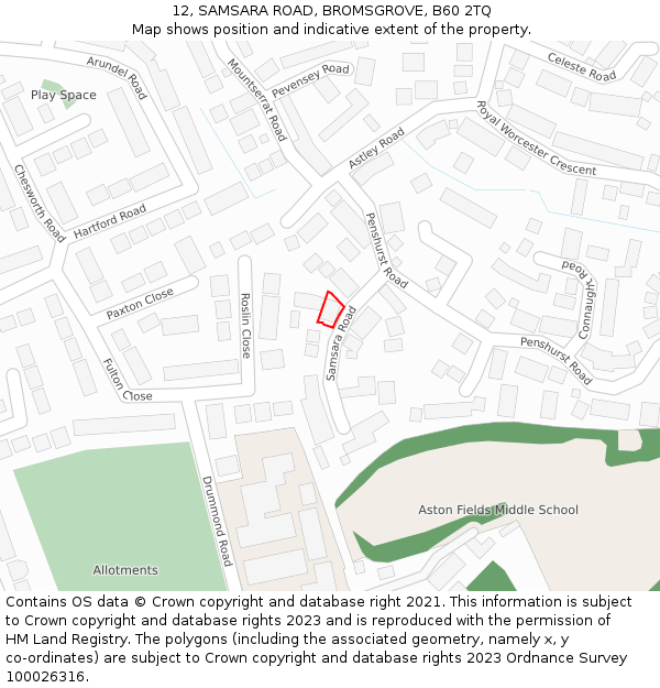 12, SAMSARA ROAD, BROMSGROVE, B60 2TQ: Location map and indicative extent of plot