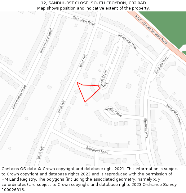 12, SANDHURST CLOSE, SOUTH CROYDON, CR2 0AD: Location map and indicative extent of plot