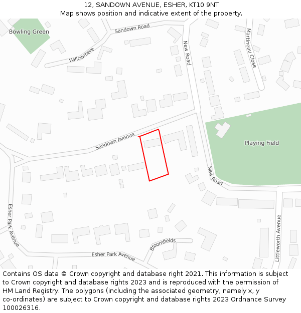 12, SANDOWN AVENUE, ESHER, KT10 9NT: Location map and indicative extent of plot
