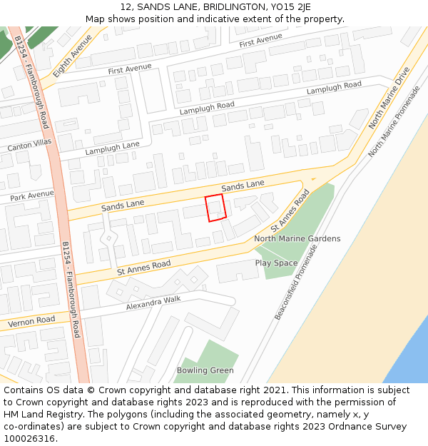 12, SANDS LANE, BRIDLINGTON, YO15 2JE: Location map and indicative extent of plot