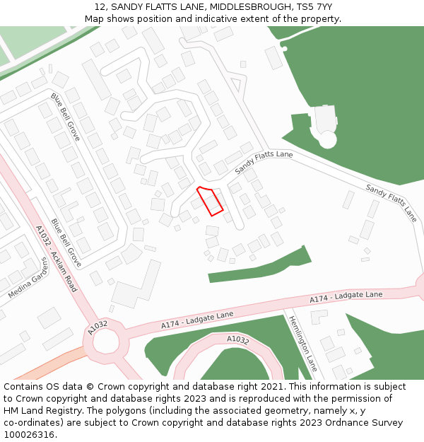 12, SANDY FLATTS LANE, MIDDLESBROUGH, TS5 7YY: Location map and indicative extent of plot