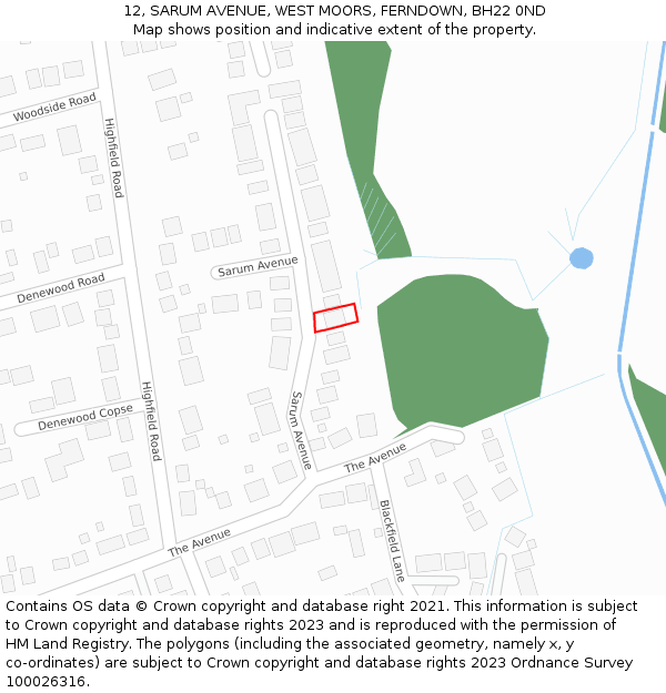 12, SARUM AVENUE, WEST MOORS, FERNDOWN, BH22 0ND: Location map and indicative extent of plot