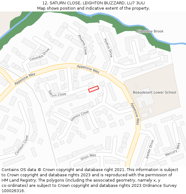 12, SATURN CLOSE, LEIGHTON BUZZARD, LU7 3UU: Location map and indicative extent of plot