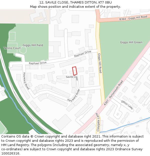 12, SAVILE CLOSE, THAMES DITTON, KT7 0BU: Location map and indicative extent of plot