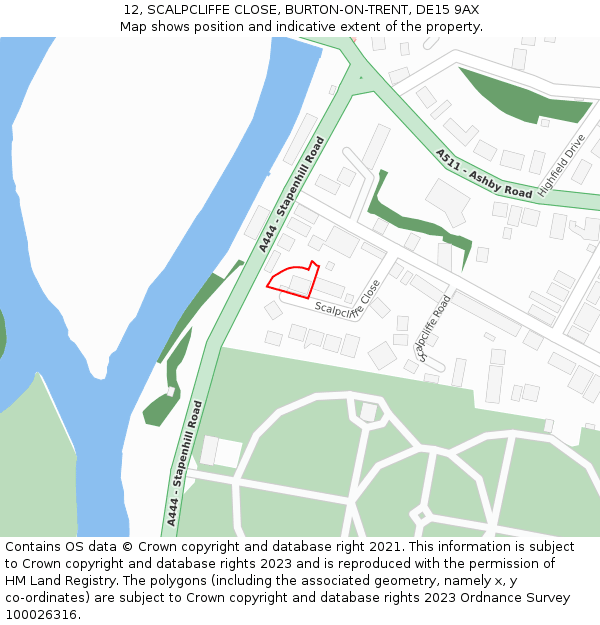 12, SCALPCLIFFE CLOSE, BURTON-ON-TRENT, DE15 9AX: Location map and indicative extent of plot