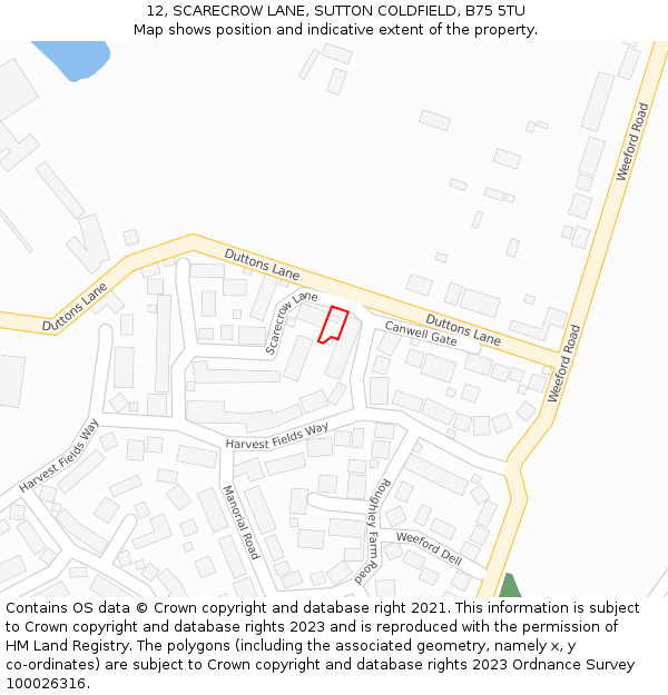 12, SCARECROW LANE, SUTTON COLDFIELD, B75 5TU: Location map and indicative extent of plot
