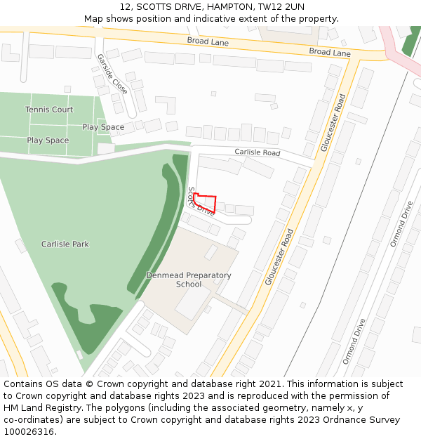 12, SCOTTS DRIVE, HAMPTON, TW12 2UN: Location map and indicative extent of plot