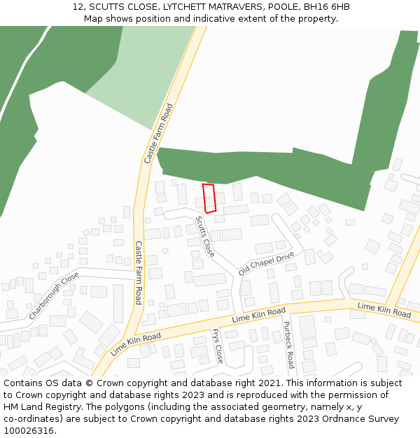 12, SCUTTS CLOSE, LYTCHETT MATRAVERS, POOLE, BH16 6HB: Location map and indicative extent of plot