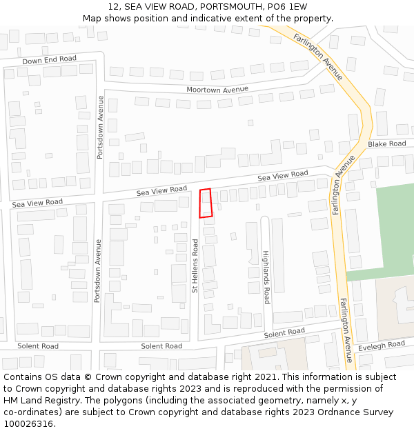 12, SEA VIEW ROAD, PORTSMOUTH, PO6 1EW: Location map and indicative extent of plot