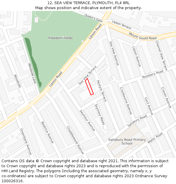 12, SEA VIEW TERRACE, PLYMOUTH, PL4 8RL: Location map and indicative extent of plot