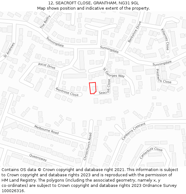 12, SEACROFT CLOSE, GRANTHAM, NG31 9GL: Location map and indicative extent of plot