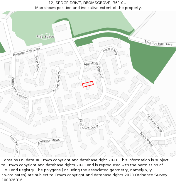 12, SEDGE DRIVE, BROMSGROVE, B61 0UL: Location map and indicative extent of plot