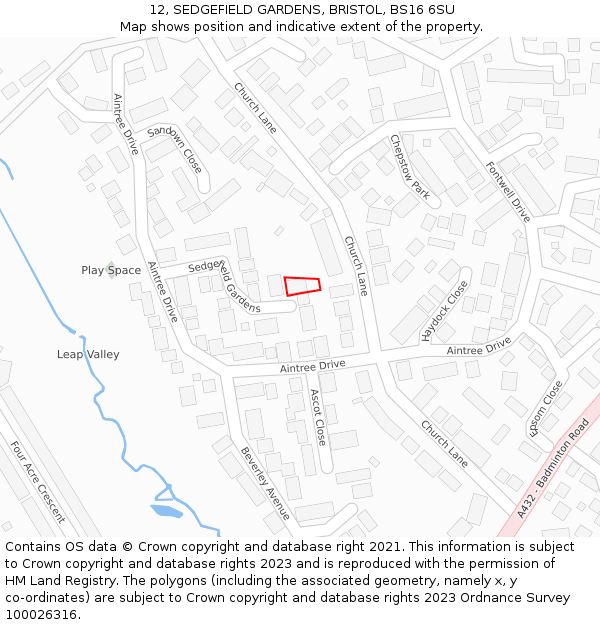 12, SEDGEFIELD GARDENS, BRISTOL, BS16 6SU: Location map and indicative extent of plot