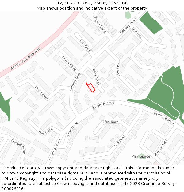 12, SENNI CLOSE, BARRY, CF62 7DR: Location map and indicative extent of plot