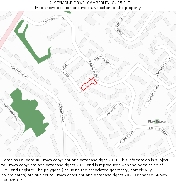 12, SEYMOUR DRIVE, CAMBERLEY, GU15 1LE: Location map and indicative extent of plot