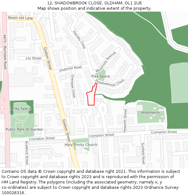 12, SHADOWBROOK CLOSE, OLDHAM, OL1 2UE: Location map and indicative extent of plot