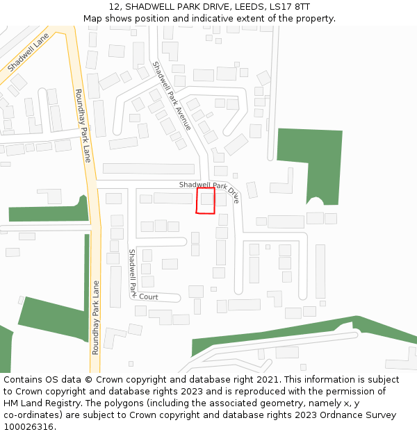 12, SHADWELL PARK DRIVE, LEEDS, LS17 8TT: Location map and indicative extent of plot