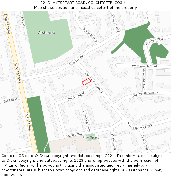 12, SHAKESPEARE ROAD, COLCHESTER, CO3 4HH: Location map and indicative extent of plot