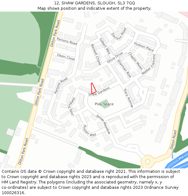 12, SHAW GARDENS, SLOUGH, SL3 7GQ: Location map and indicative extent of plot