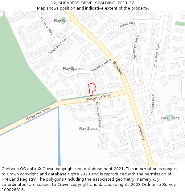 12, SHEARERS DRIVE, SPALDING, PE11 3ZJ: Location map and indicative extent of plot