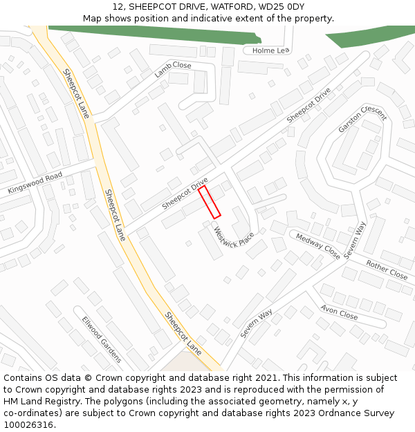 12, SHEEPCOT DRIVE, WATFORD, WD25 0DY: Location map and indicative extent of plot