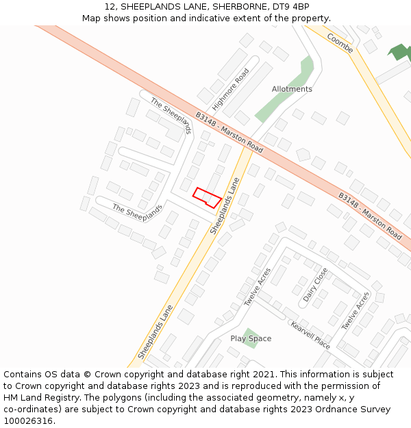 12, SHEEPLANDS LANE, SHERBORNE, DT9 4BP: Location map and indicative extent of plot