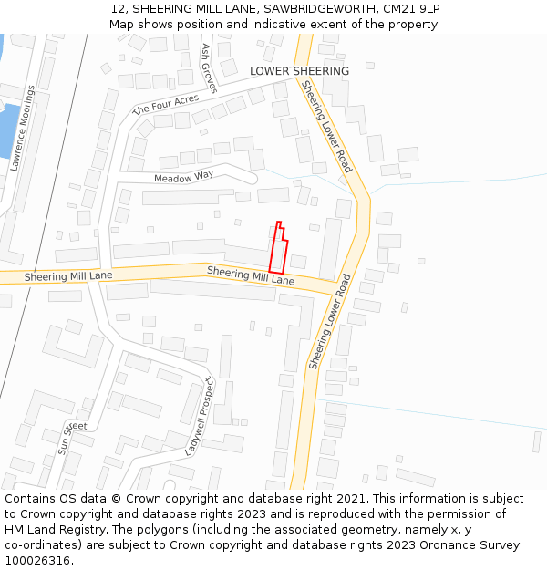 12, SHEERING MILL LANE, SAWBRIDGEWORTH, CM21 9LP: Location map and indicative extent of plot