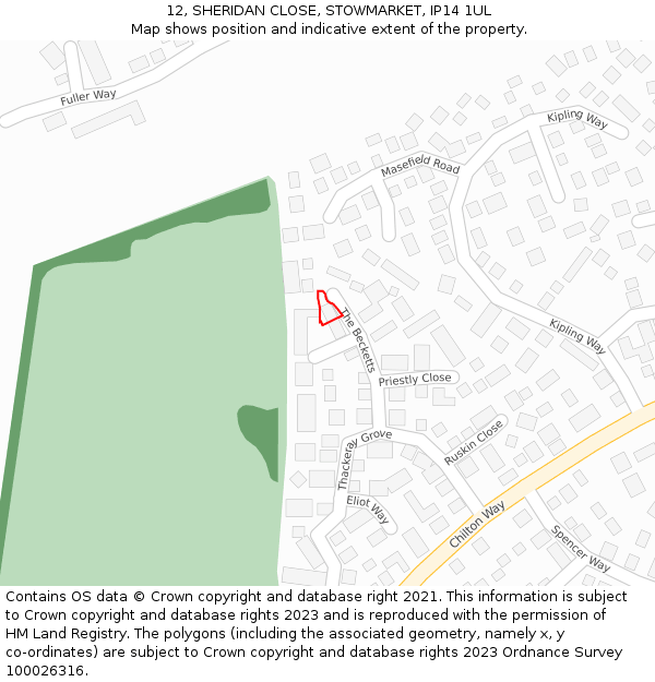 12, SHERIDAN CLOSE, STOWMARKET, IP14 1UL: Location map and indicative extent of plot