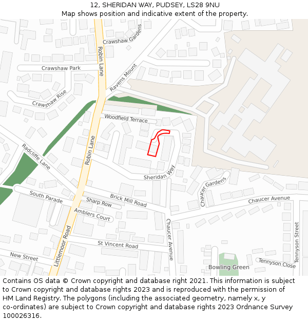 12, SHERIDAN WAY, PUDSEY, LS28 9NU: Location map and indicative extent of plot