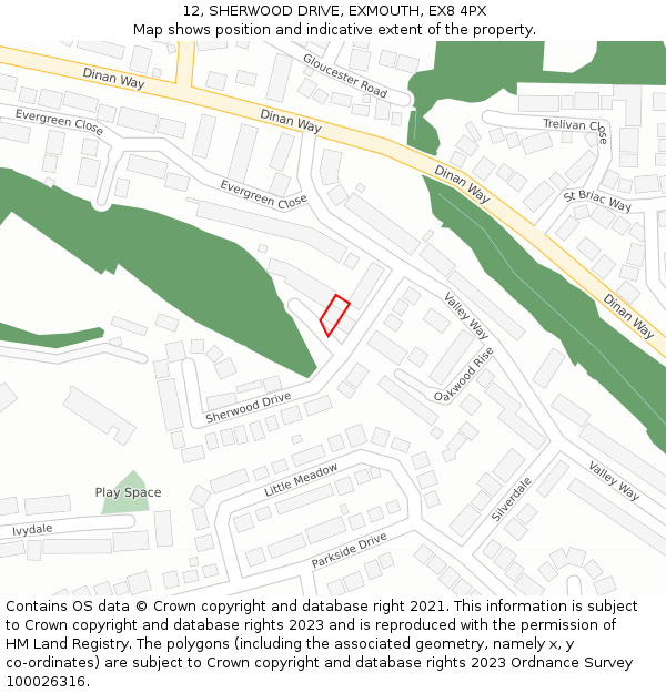 12, SHERWOOD DRIVE, EXMOUTH, EX8 4PX: Location map and indicative extent of plot