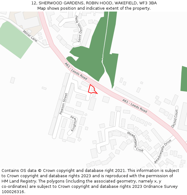 12, SHERWOOD GARDENS, ROBIN HOOD, WAKEFIELD, WF3 3BA: Location map and indicative extent of plot